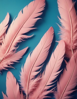 Pink feathers on blue background