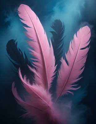 Pink feathers against blue background