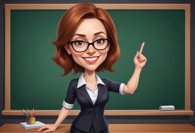 Teacher pointing at green chalkboard