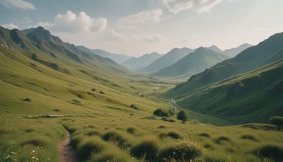 Mountain valley path under cloudy sky