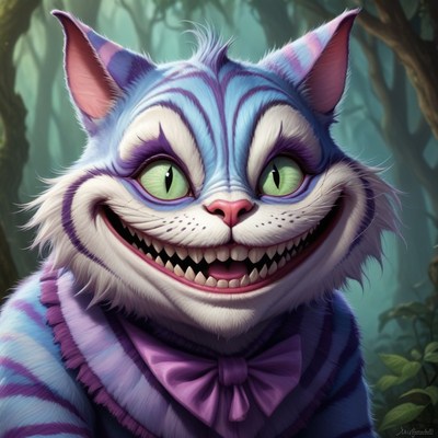 Cheshire cat grinning in the woods