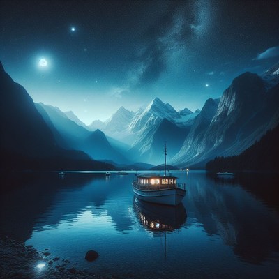 Boat on a mountain lake at night