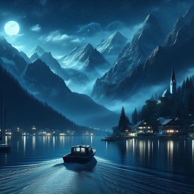 Boat on a lake under a full moon