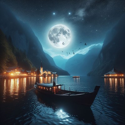 Nighttime boat on lake with full moon