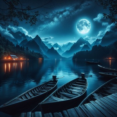 Moonlight over mountain lake