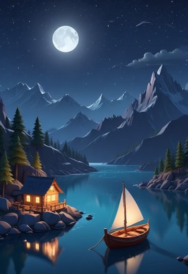 Cabin by the lake under full moon