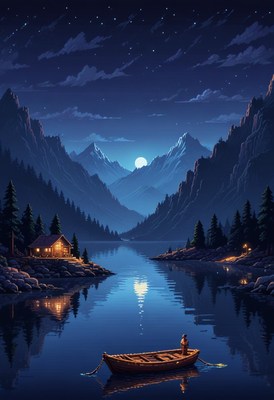 Moonlit lake cabin and boat