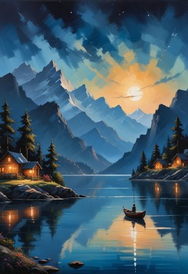 Mountain lake sunset with boat