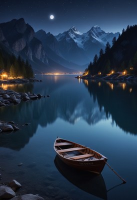 Boat on a mountain lake at night