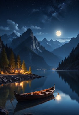 Mountain lake moonlight