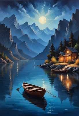 Moonlit mountain lake with cabin