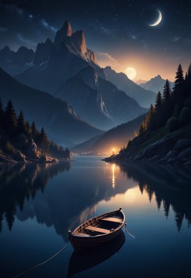 Moonlit lake with mountain reflections