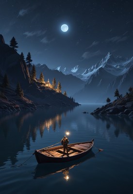 Man rowing on mountain lake at night