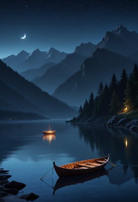 Moonlit lake with two boats