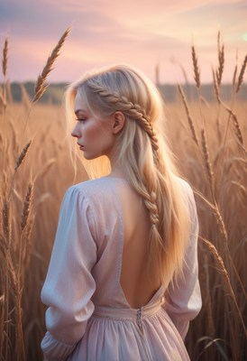 Blonde woman in wheat field at sunset