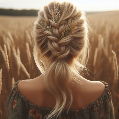 Braided hairstyle with wheat field background