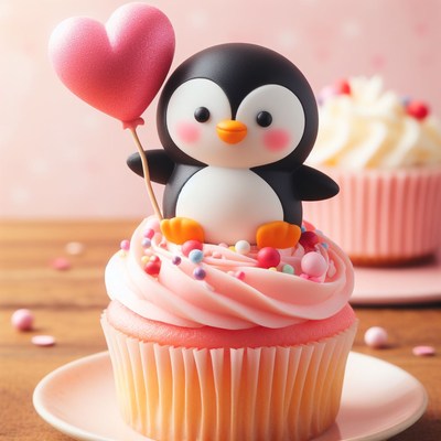 Penguin cupcake with heart balloon