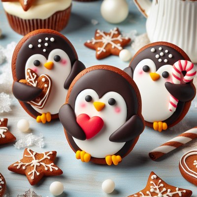 Penguin cookies on blue tabletop