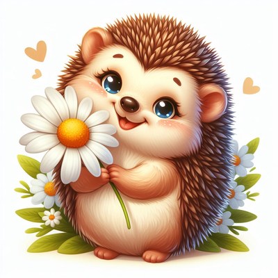 Cute hedgehog holding daisy