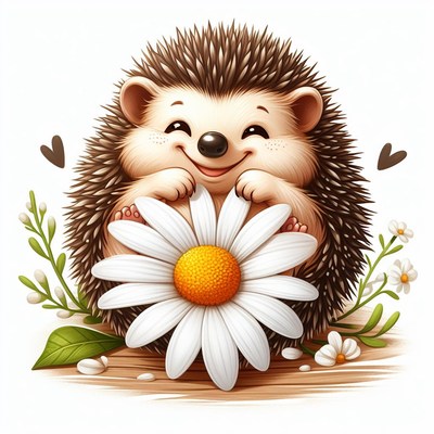 Smiling hedgehog holding daisy