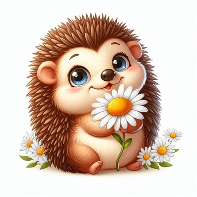 Cute hedgehog holding daisy