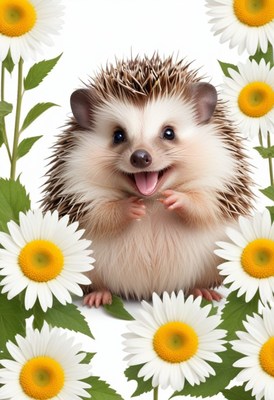 Smiling hedgehog in daisies