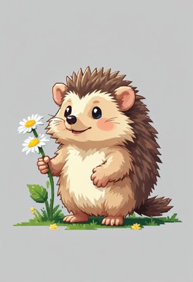 Cute hedgehog holding daisies