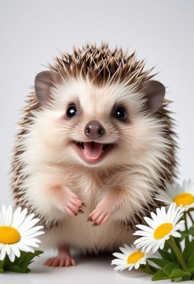 Smiling hedgehog among daisies