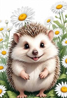Happy hedgehog among daisies