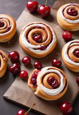 Cherry cinnamon rolls on parchment paper