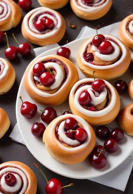 Cherry cinnamon rolls on a white plate
