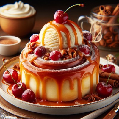 Caramel drizzled cinnamon roll with ice cream