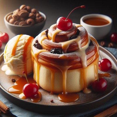 Caramel-drizzled cinnamon roll with cherry