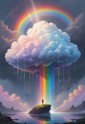 Person standing below a rainbow cloud