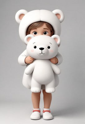 Girl in bear costume holding plush toy