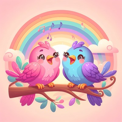 Birds singing under rainbow