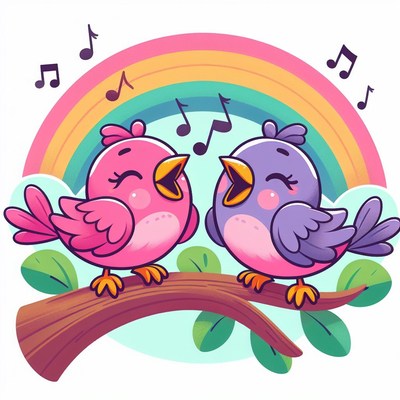 Birds singing under rainbow
