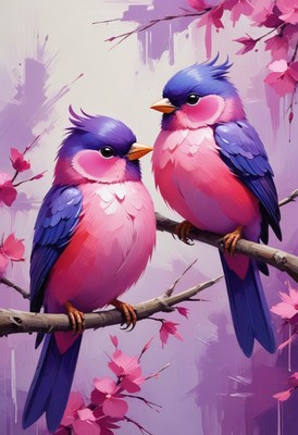 Pink and blue birds on branch