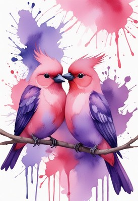 Pink birds perched on branch with watercolor splashes