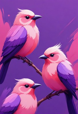 Three pink birds perched on branch