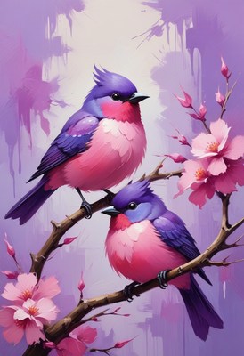 Two pink and blue birds on a branch