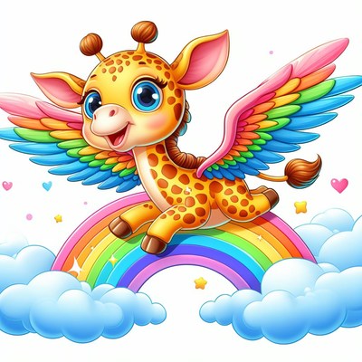Giraffe flying over rainbow