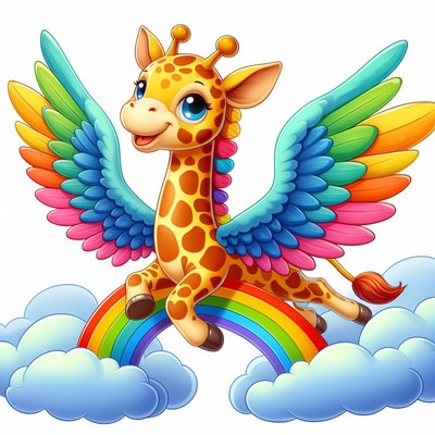 Giraffe with wings on rainbow