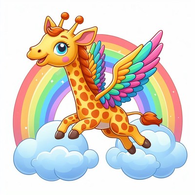 Flying giraffe with rainbow
