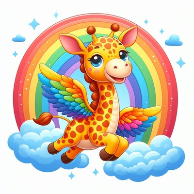 Flying giraffe with rainbow