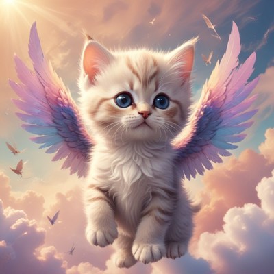 Kitten with wings soaring in clouds