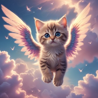 Angel cat flying through clouds