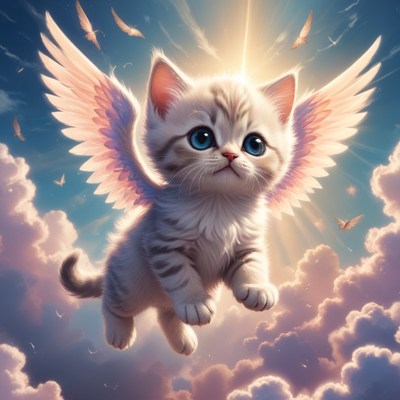 Angel kitten soaring in clouds