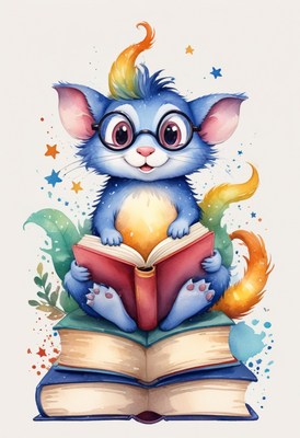 Blue cat reading on stack of books