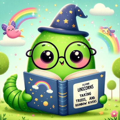 Green monster reading book about unicorns